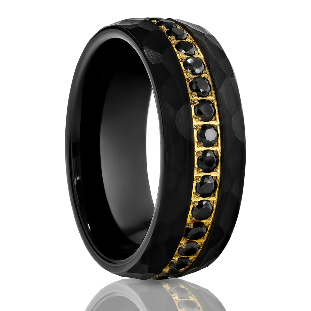 Black Wedding Ring - 8mm - Black Tungsten Ring - Men's Ring - Black CZ Ring - Yellow Gold Ring