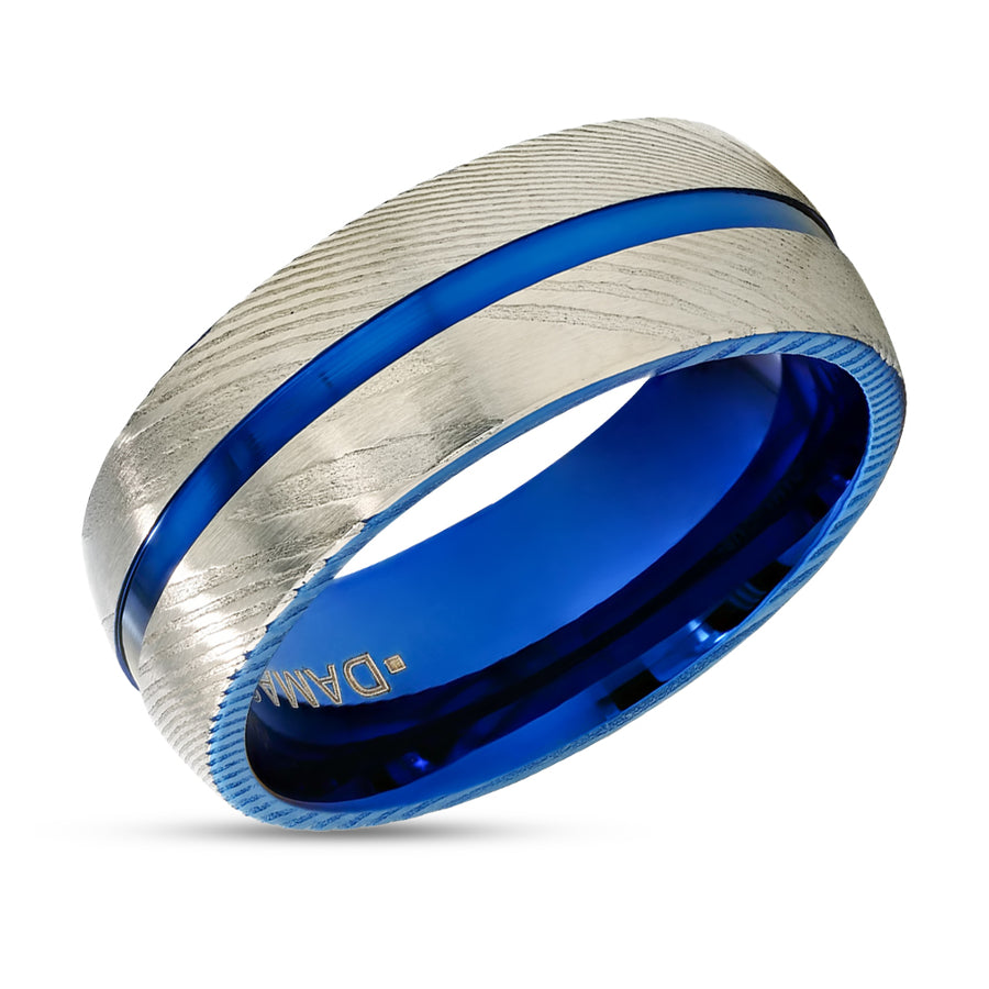 Damascus Steel Wedding Ring - 8mm Ring - Damascus Steel Ring - Blue Damascus Ring