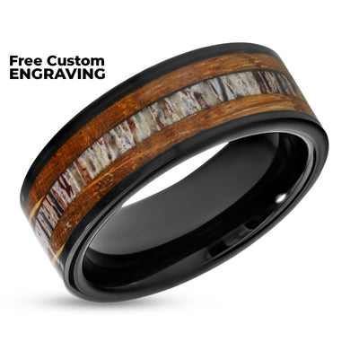 Black Tungsten Wedding Ring - Deer Antler Wedding Ring - Whiskey Barrel Ring - 8mm Ring