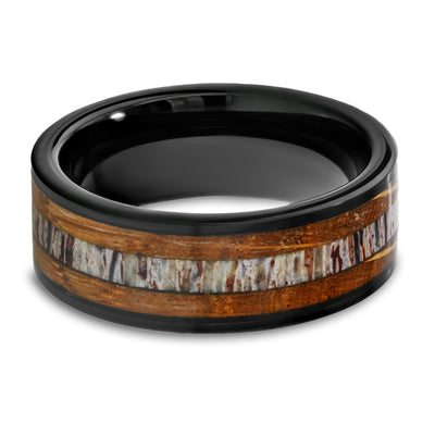 Black Tungsten Wedding Ring - Deer Antler Wedding Ring - Whiskey Barrel Ring - 8mm Ring