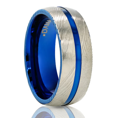 Damascus Steel Wedding Ring - 8mm Ring - Damascus Steel Ring - Blue Damascus Ring