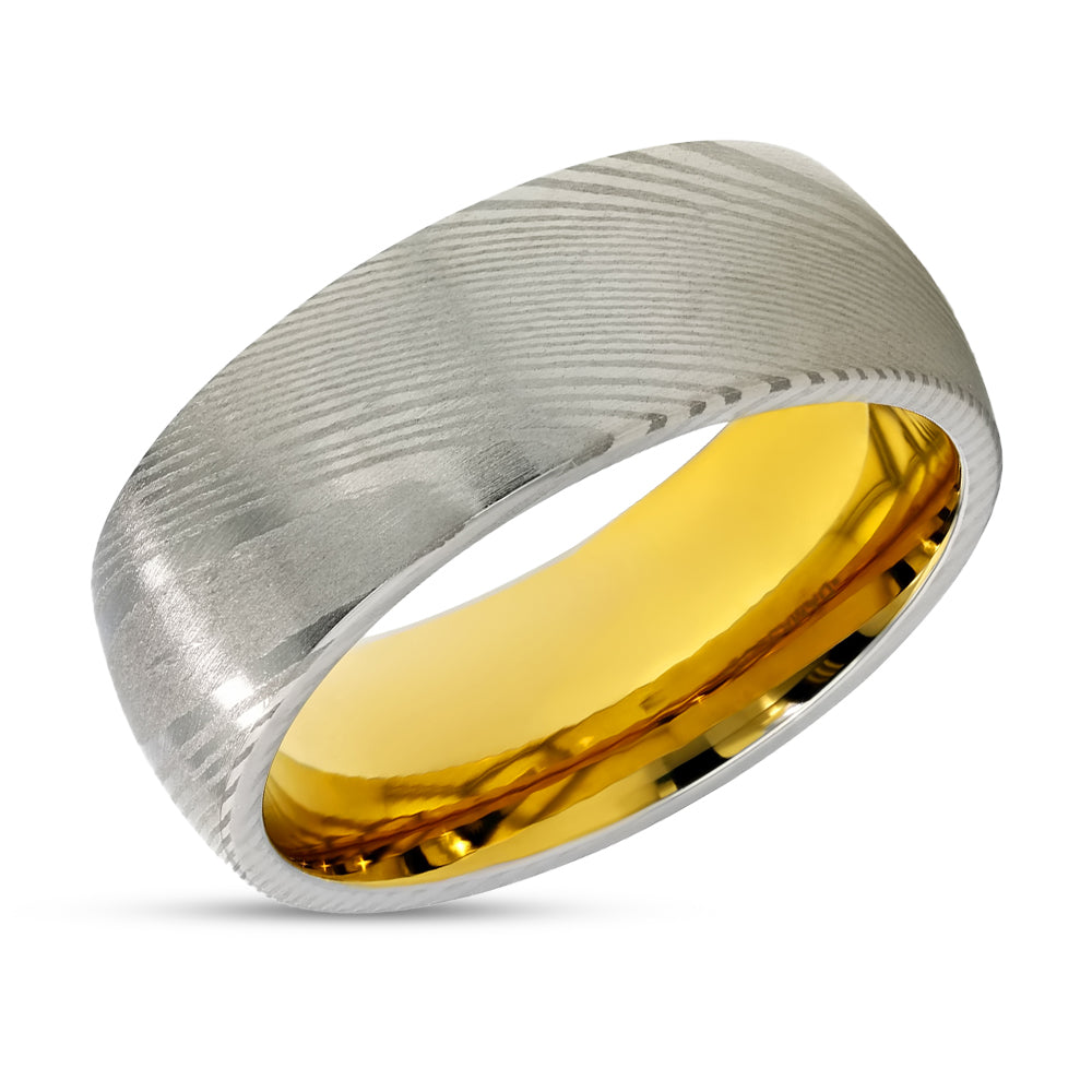Yellow Gold Damascus Steel Wedding Ring - 8mm Ring - Damascus Steel Ring - Damascus Ring