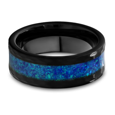 8mm Galaxy Opal Wedding Ring - Blue Opal Ring - 8mm Galaxy Ring - Unisex Ring