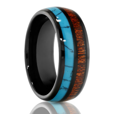 Kow Wood Turquoise Wedding Ring - 8mm Wedding Ring - Dome Wedding Ring - Black
