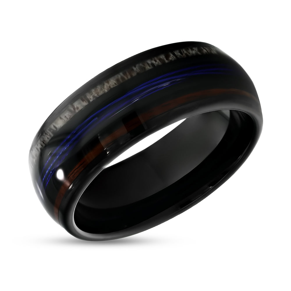 Black Tungsten Wedding Ring - Deer Antler Wedding Ring - Koa Wood Ring - 8mm Ring
