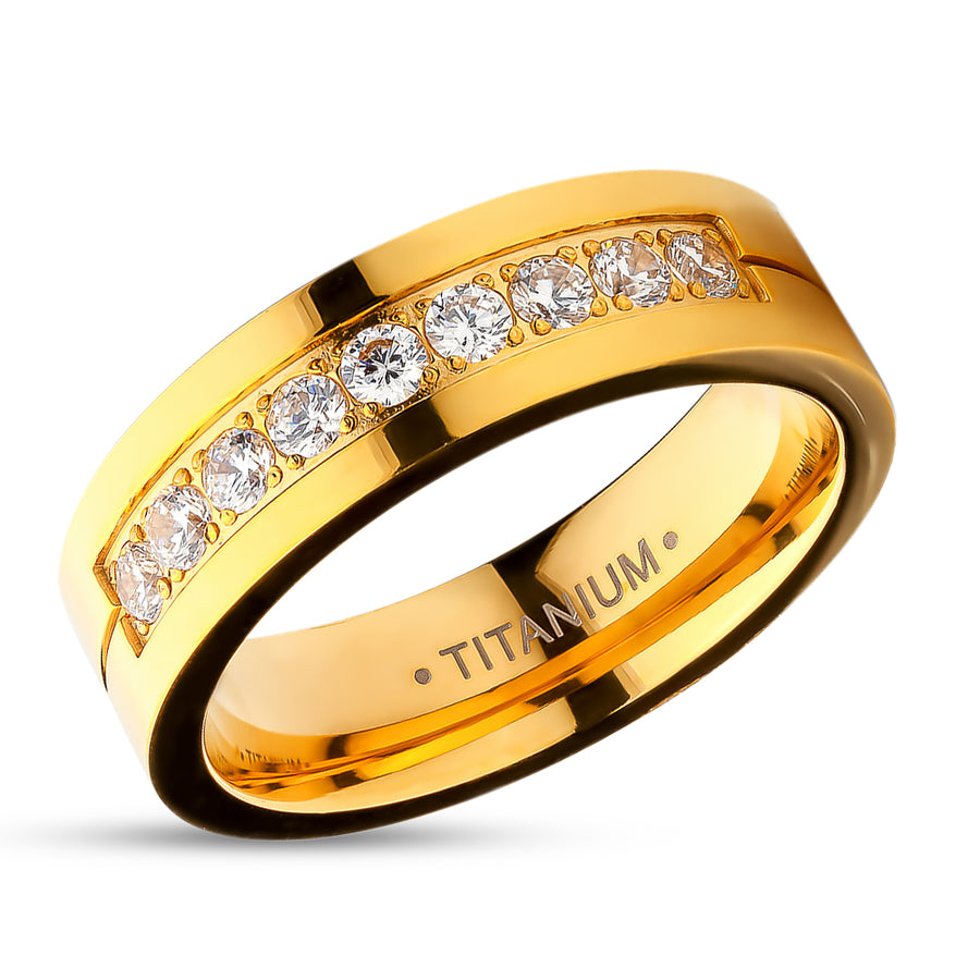 Yellow Gold Titanium Wedding Ring - CZ Wedding Ring - Engagement Ring - Yellow Gold Titanium Ring - Engagement