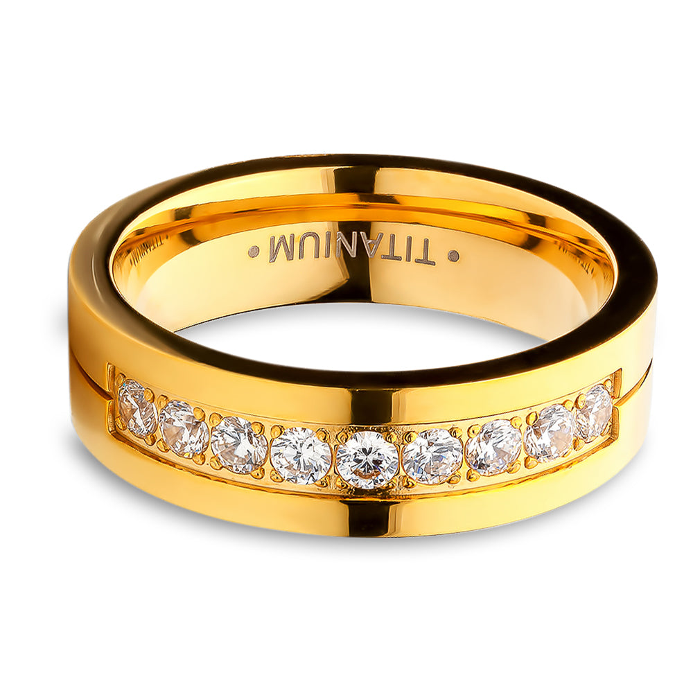 Yellow Gold Titanium Wedding Ring - CZ Wedding Ring - Engagement Ring - Yellow Gold Titanium Ring - Engagement