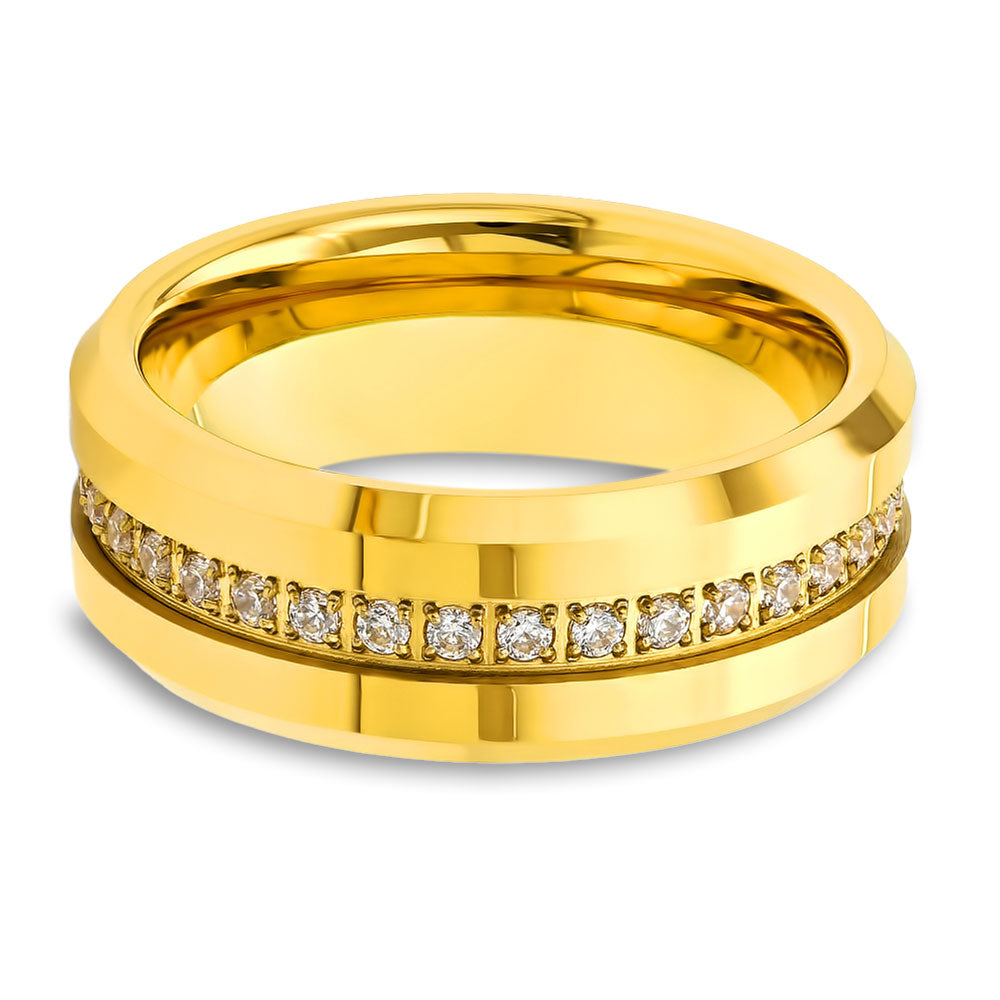 Yellow Gold Wedding Band - CZ Diamond Ring - Tungsten Carbide - 8mm Wedding Band - Men's Wedding Ring