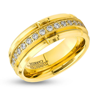 Yellow Gold Wedding Band - Tungsten Carbide Ring - 8mm Men's Wedding Band - CZ Diamond Ring