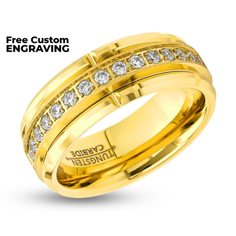 Yellow Gold Wedding Band - Tungsten Carbide Ring - 8mm Men's Wedding Band - CZ Diamond Ring