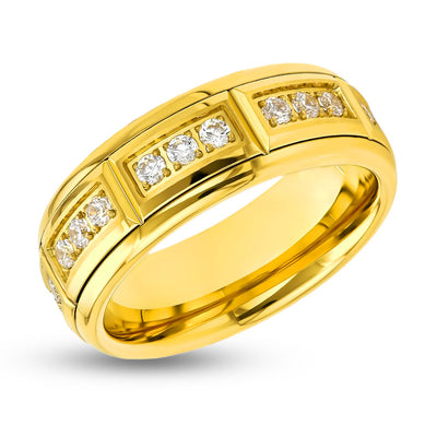 White Diamond Wedding Band - 8mm Wedding Ring - Yellow Gold Tungsten Ring - CZ Diamond Ring