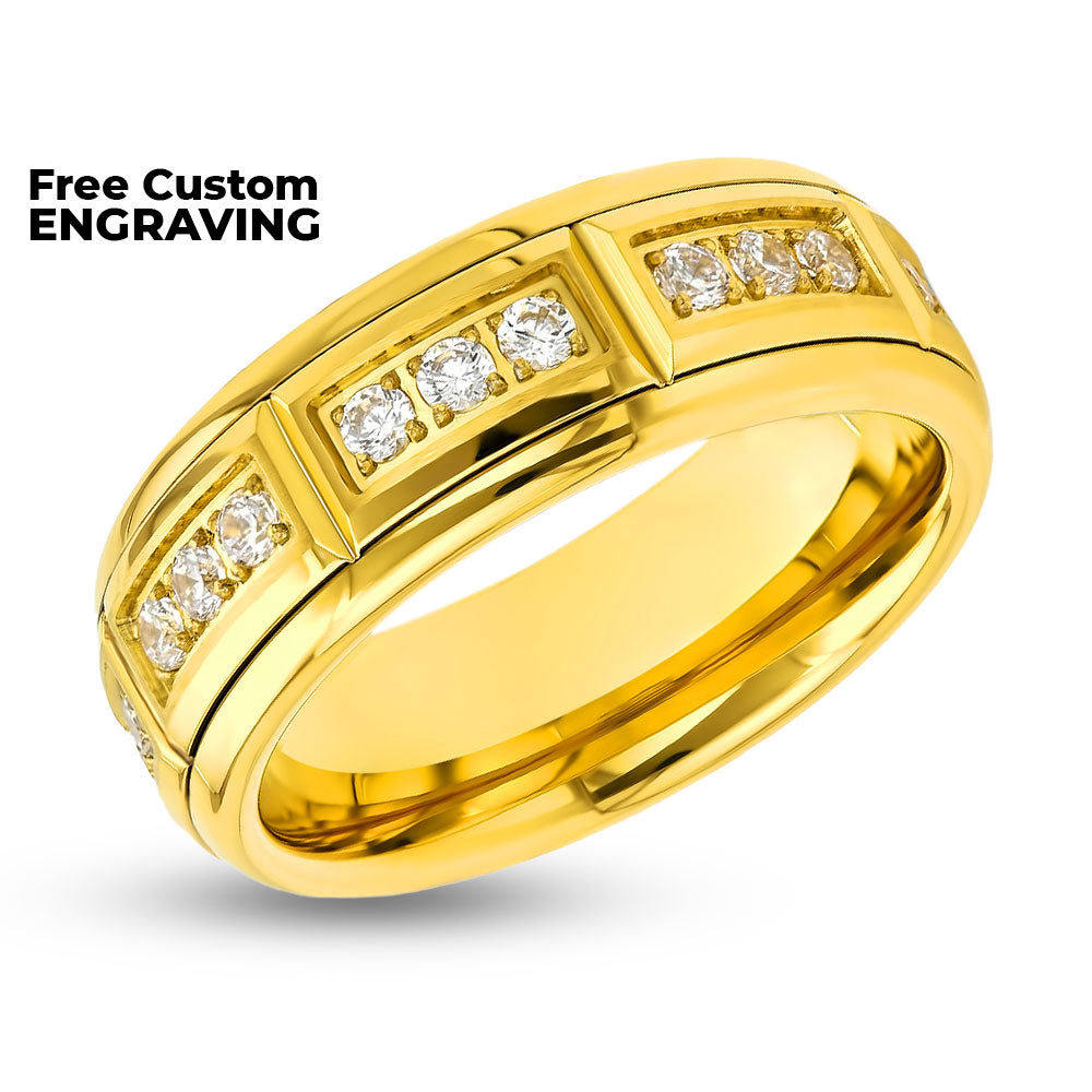 White Diamond Wedding Band - 8mm Wedding Ring - Yellow Gold Tungsten Ring - CZ Diamond Ring