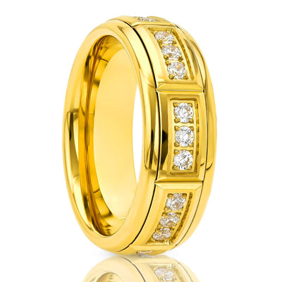 White Diamond Wedding Band - 8mm Wedding Ring - Yellow Gold Tungsten Ring - CZ Diamond Ring