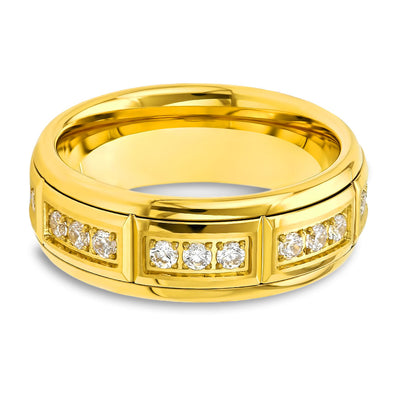 White Diamond Wedding Band - 8mm Wedding Ring - Yellow Gold Tungsten Ring - CZ Diamond Ring