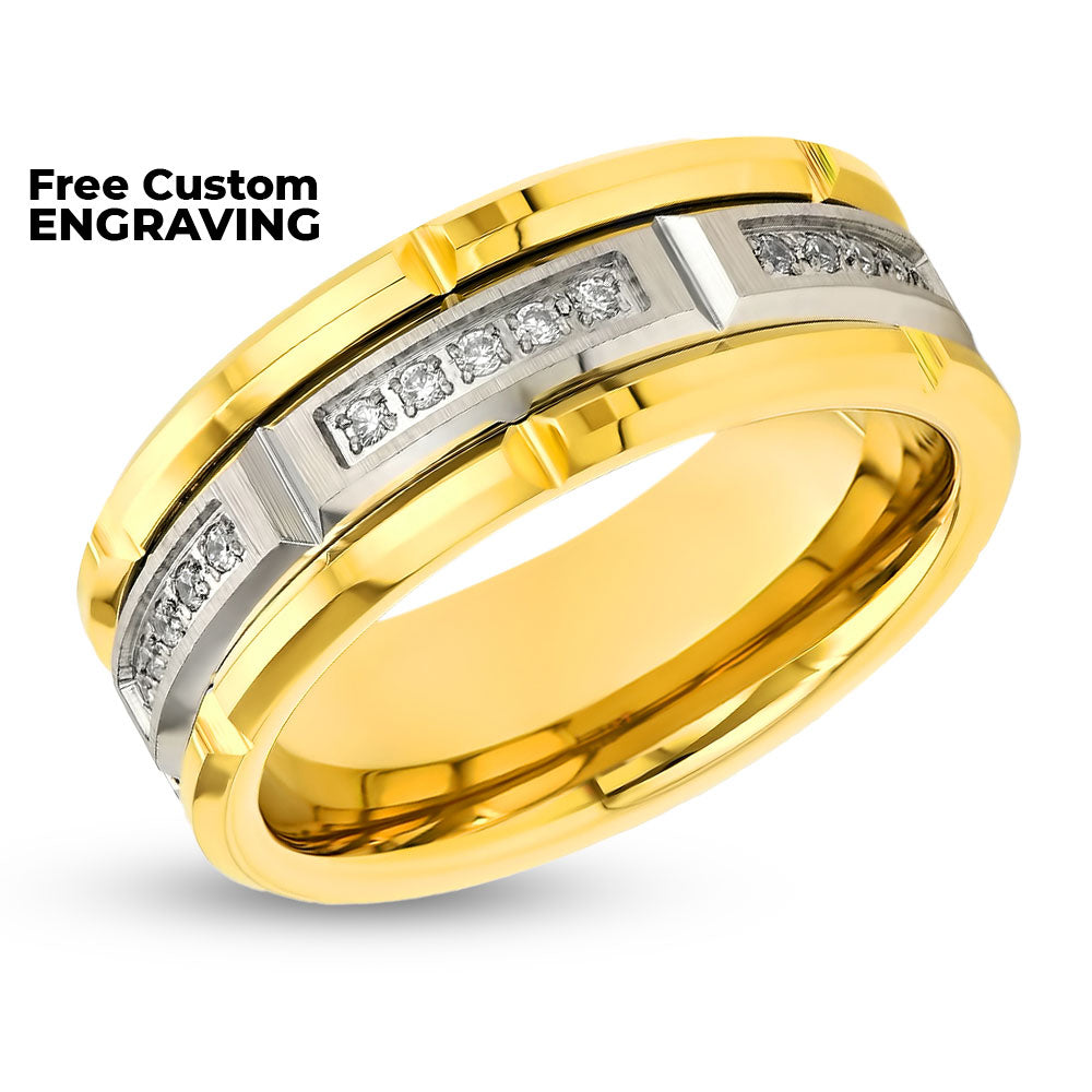 Yellow Gold Wedding Band - Tungsten Carbide Ring - 8mm Men's Wedding Band - CZ Diamond Ring (Copy)