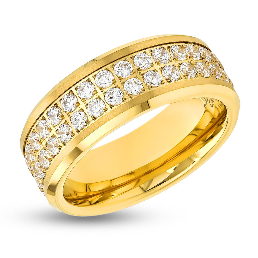 Men's Yellow Gold Ring - CZ Diamond Ring - Tungsten Carbide Ring - 8mm Yellow Gold Ring - Beveled