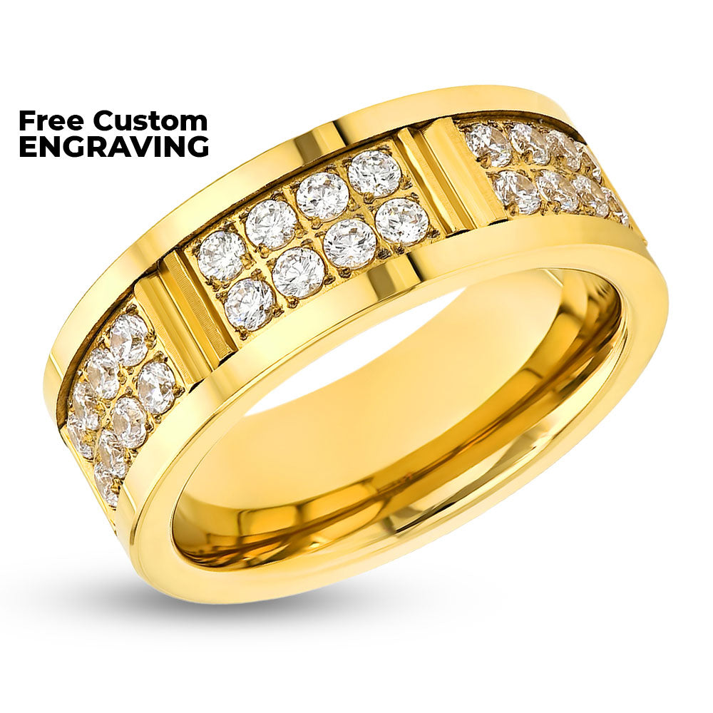 Yellow Gold Tungsten Ring - Men's Tungsten Ring - CZ Diamond Ring - Tungsten Carbide - 8mm Ring