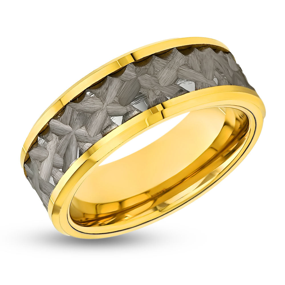 Yellow Gold Wedding Band- Hammered Ring - Tungsten Carbide Ring - Engagement Ring - Men's Wedding Band