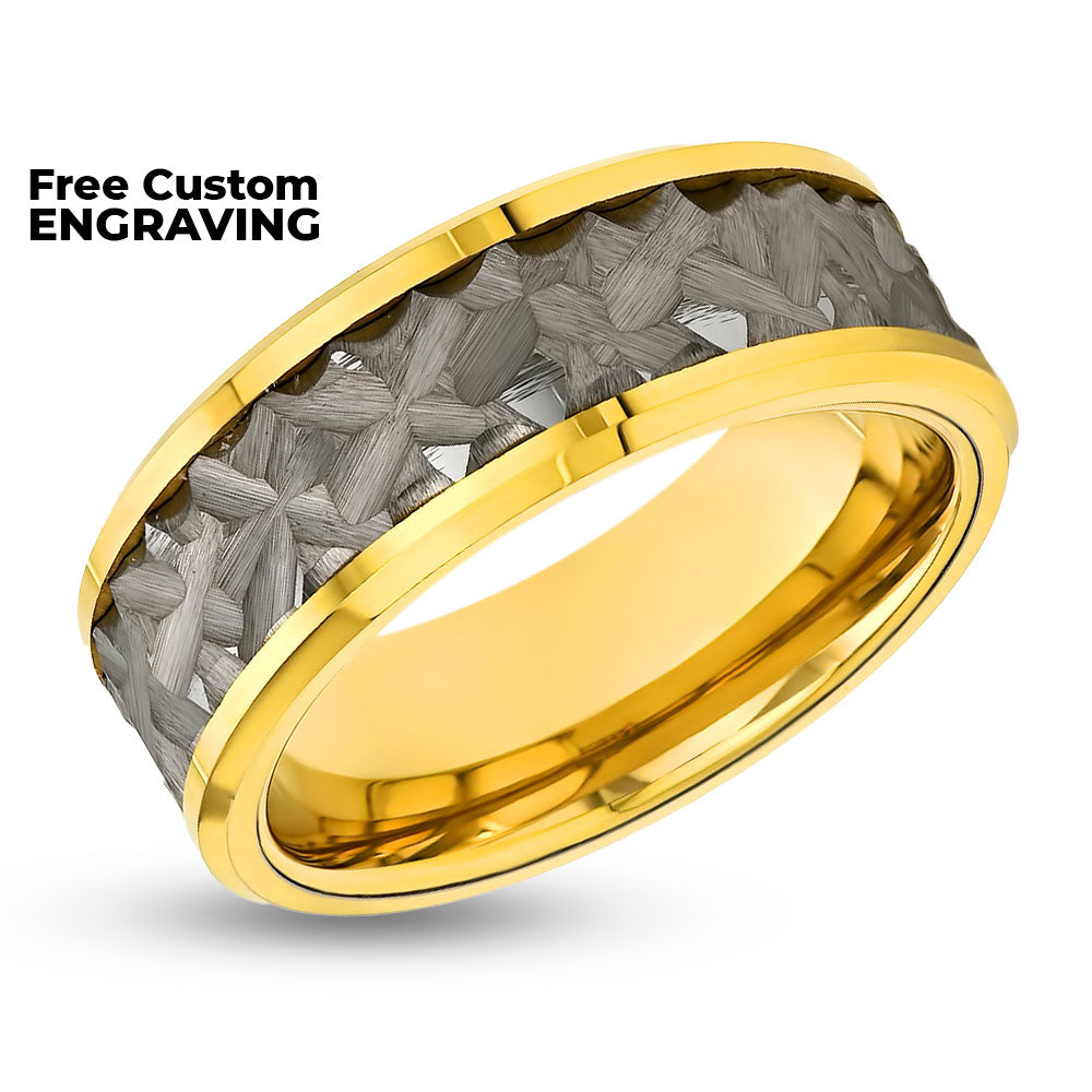 Yellow Gold Wedding Band- Hammered Ring - Tungsten Carbide Ring - Engagement Ring - Men's Wedding Band