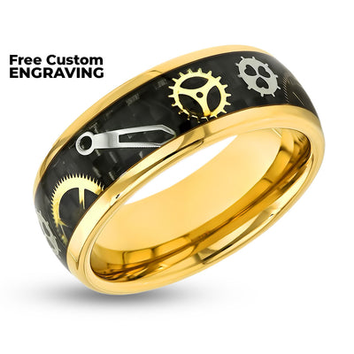 Gear Design Tungsten Ring - Yellow Gold Wedding Band - Tungsten Carbide - Clock Dial Ring - 8mm