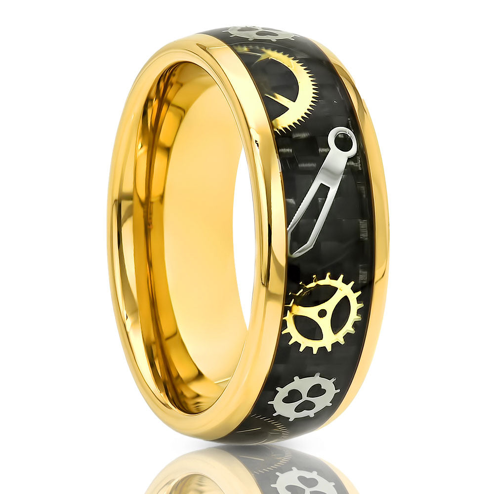 Gear Design Tungsten Ring - Yellow Gold Wedding Band - Tungsten Carbide - Clock Dial Ring - 8mm
