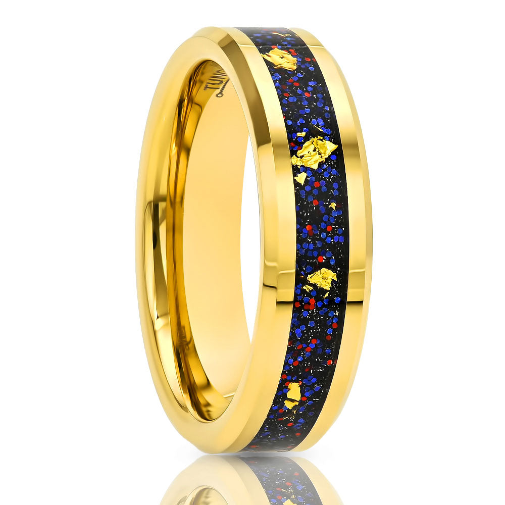 6mm Yellow Gold Ring - Tungsten Carbide - Yellow Gold wedding Band - Foil Design Ring - Beveled Edges