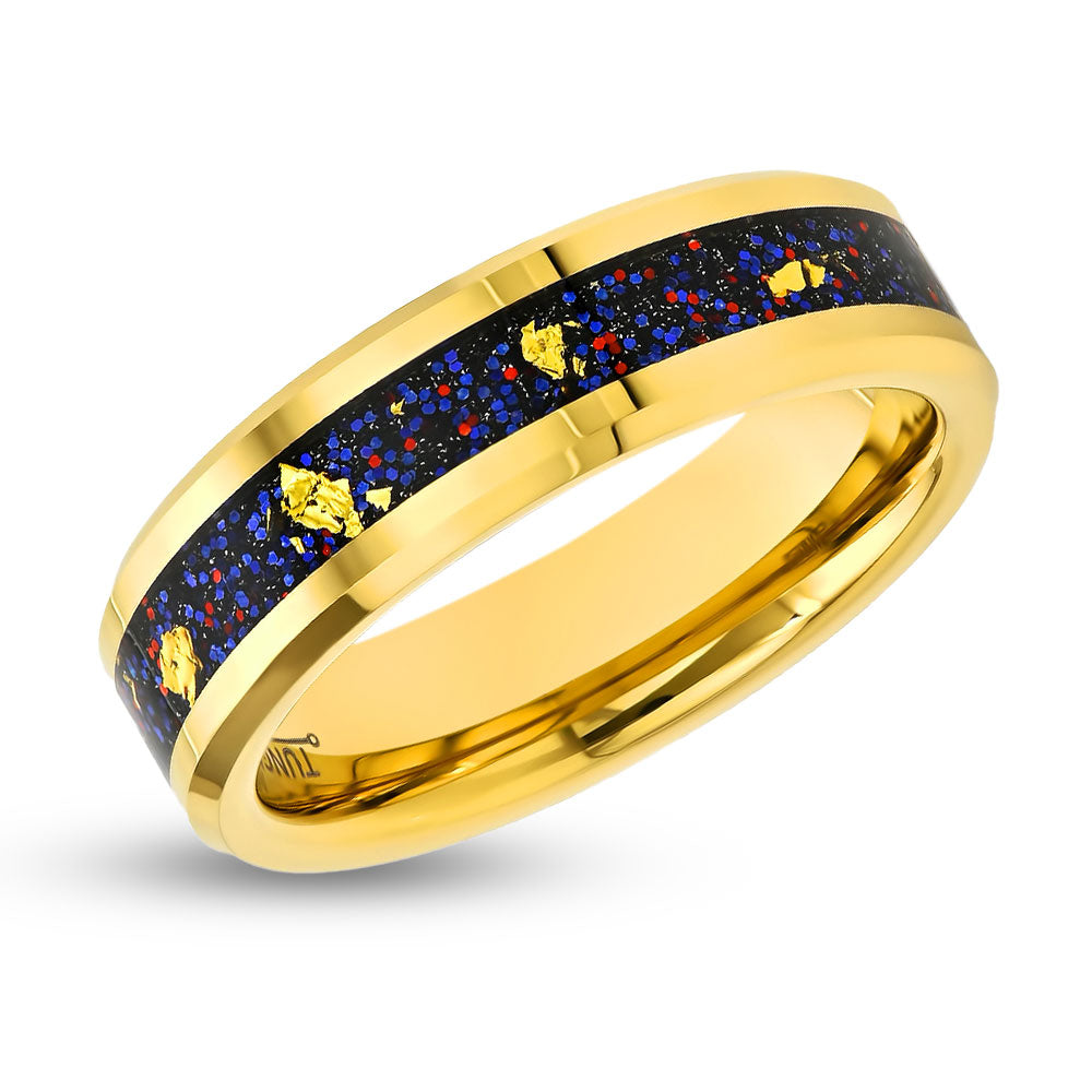 6mm Yellow Gold Ring - Tungsten Carbide - Yellow Gold wedding Band - Foil Design Ring - Beveled Edges
