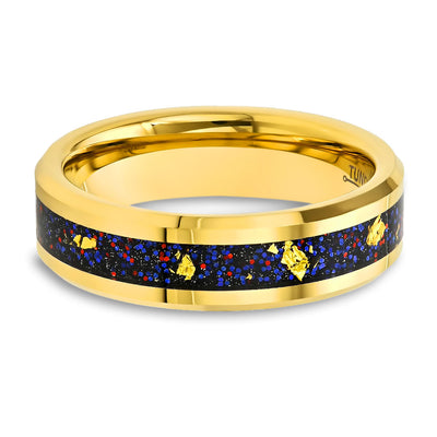 6mm Yellow Gold Ring - Tungsten Carbide - Yellow Gold wedding Band - Foil Design Ring - Beveled Edges