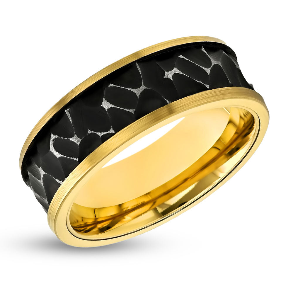 Yellow Gold Wedding Band- Black Hammered Ring - Tungsten Carbide Ring - Engagement Ring - Men's Wedding Band