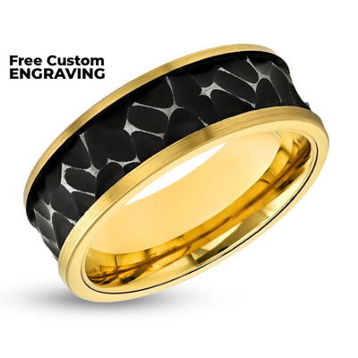 Yellow Gold Wedding Band- Black Hammered Ring - Tungsten Carbide Ring - Engagement Ring - Men's Wedding Band
