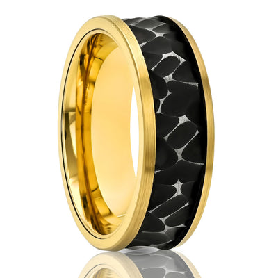 Yellow Gold Wedding Band- Black Hammered Ring - Tungsten Carbide Ring - Engagement Ring - Men's Wedding Band