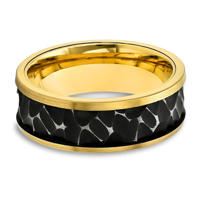 Yellow Gold Wedding Band- Black Hammered Ring - Tungsten Carbide Ring - Engagement Ring - Men's Wedding Band