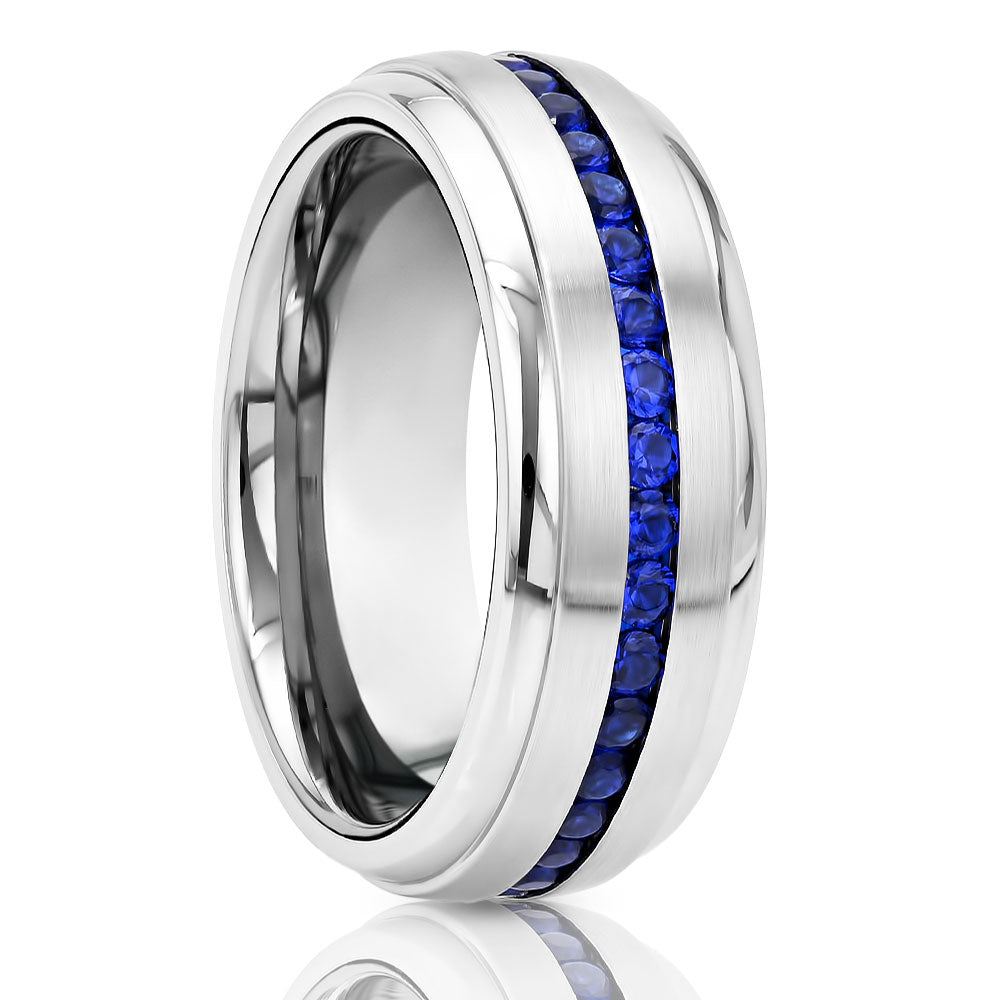 Blue Sapphire Wedding Ring - Tungsten Wedding Band - Silver Tungsten Ring - CZ Blue Sapphire Gems