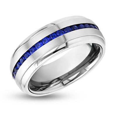 Blue Sapphire Wedding Ring - Tungsten Wedding Band - Silver Tungsten Ring - CZ Blue Sapphire Gems