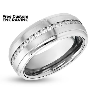 CZ Diamond Wedding Band - Tungsten Carbide - Silver Wedding Band - Anniversary Ring - Engagement Ring