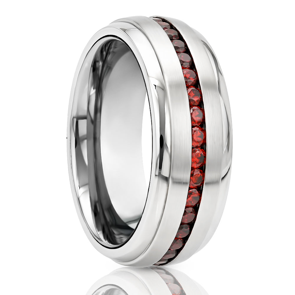 Ruby Wedding Band - Men's Wedding Band - Silver Tungsten Ring - Dome Shape - With Red Gems
