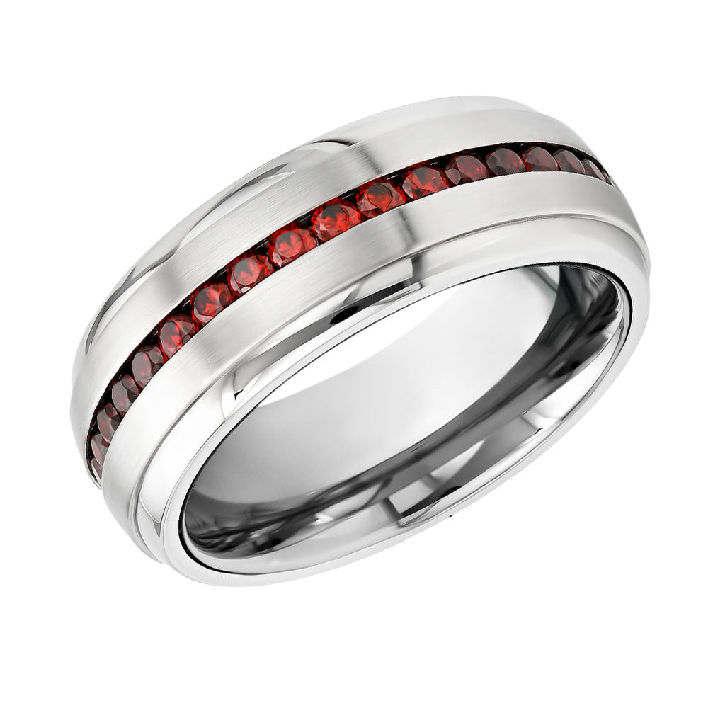 Ruby Wedding Band - Men's Wedding Band - Silver Tungsten Ring - Dome Shape - With Red Gems