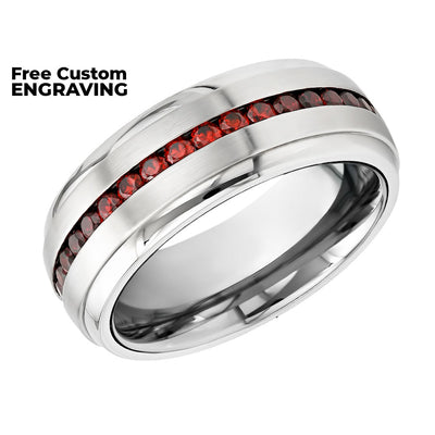Ruby Wedding Band - Men's Wedding Band - Silver Tungsten Ring - Dome Shape - With Red Gems