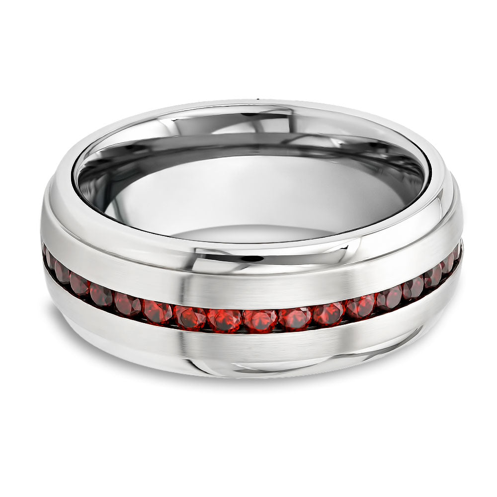 Ruby Wedding Band - Men's Wedding Band - Silver Tungsten Ring - Dome Shape - With Red Gems
