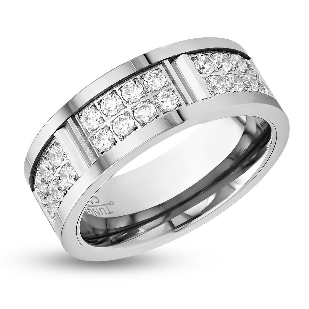 Silver Tungsten Wedding Ring - 8mm Men's Wedding Band - CZ Diamond Ring - White Diamond Wedding Ring