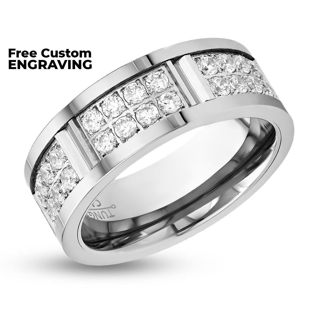 Silver Tungsten Wedding Ring - 8mm Men's Wedding Band - CZ Diamond Ring - White Diamond Wedding Ring