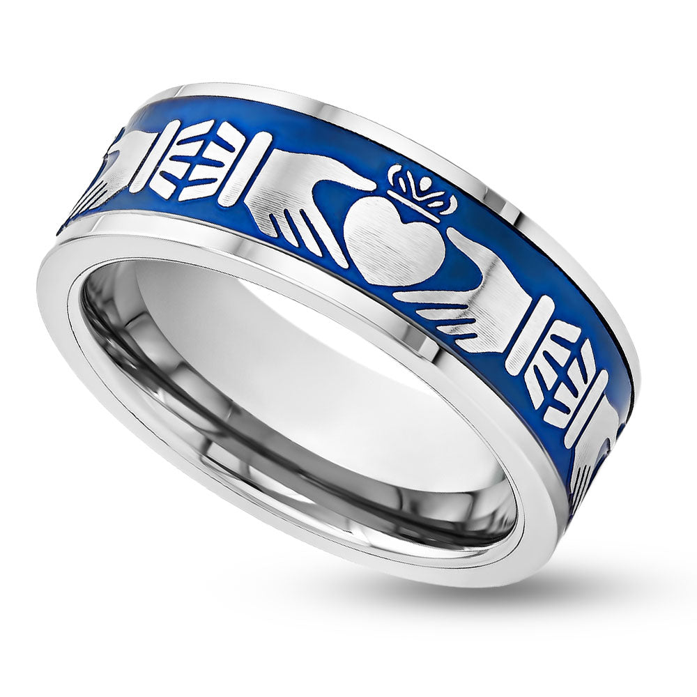 Claddagh Wedding Band - 8mm Wedding Band - Blue Wedding Ring - Tungsten Carbide Ring - Silver Ring