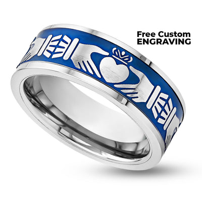 Claddagh Wedding Band - 8mm Wedding Band - Blue Wedding Ring - Tungsten Carbide Ring - Silver Ring