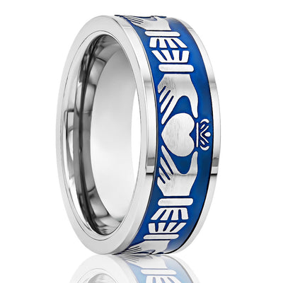 Claddagh Wedding Band - 8mm Wedding Band - Blue Wedding Ring - Tungsten Carbide Ring - Silver Ring