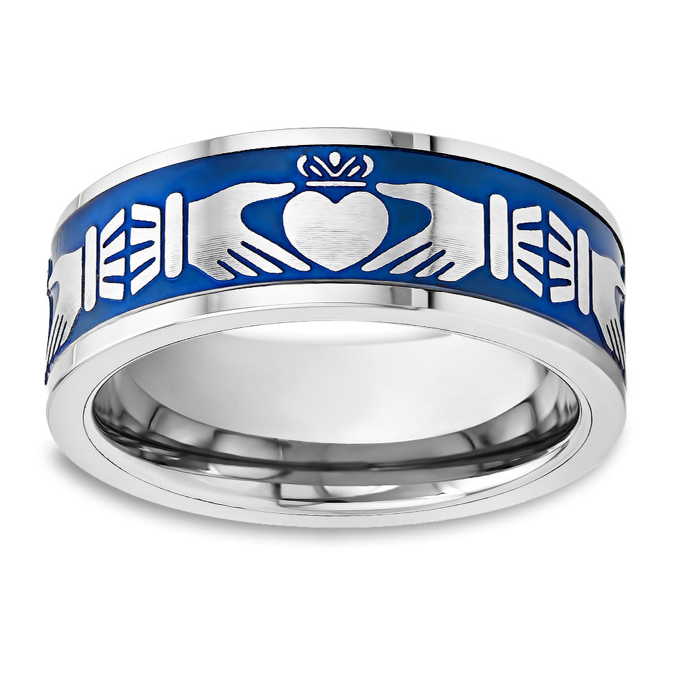 Claddagh Wedding Band - 8mm Wedding Band - Blue Wedding Ring - Tungsten Carbide Ring - Silver Ring