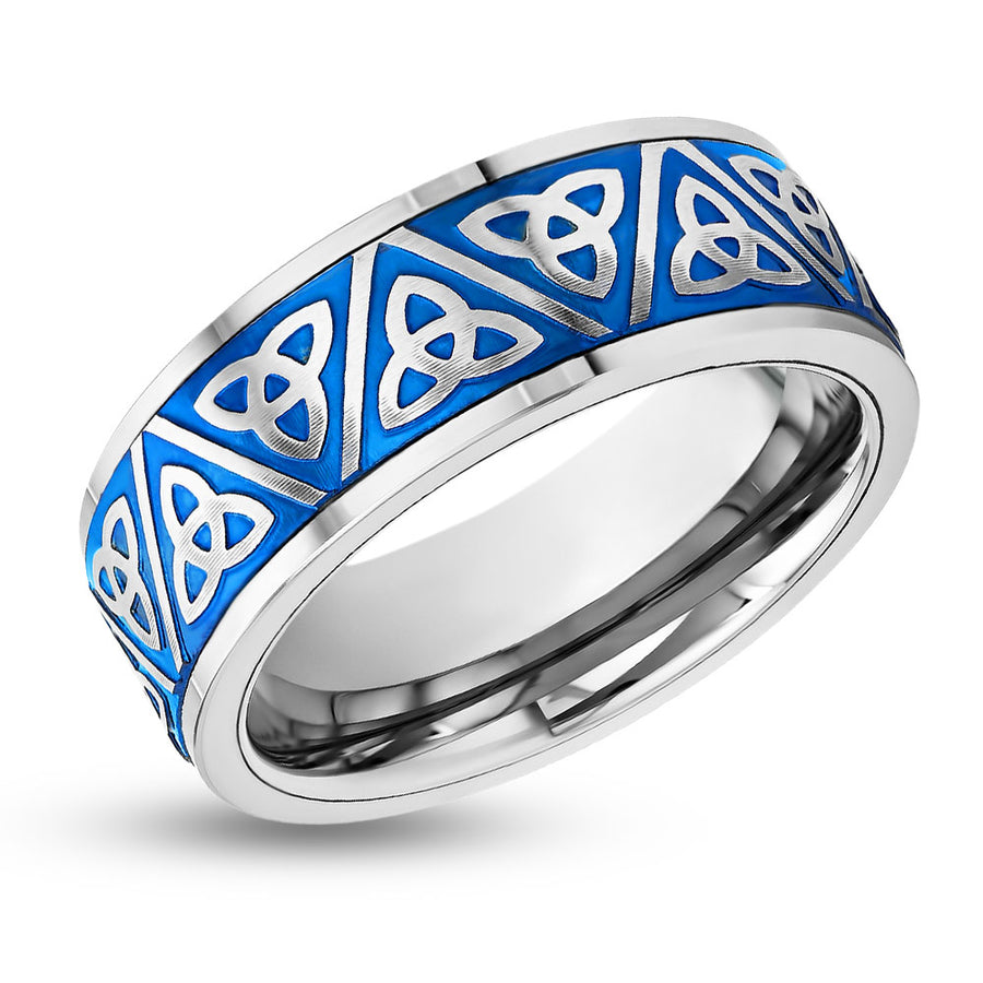 Trinity Wedding Ring - Men's Wedding Band - Women's Wedding Ring - Tungsten Carbide Ring - Blue Ring