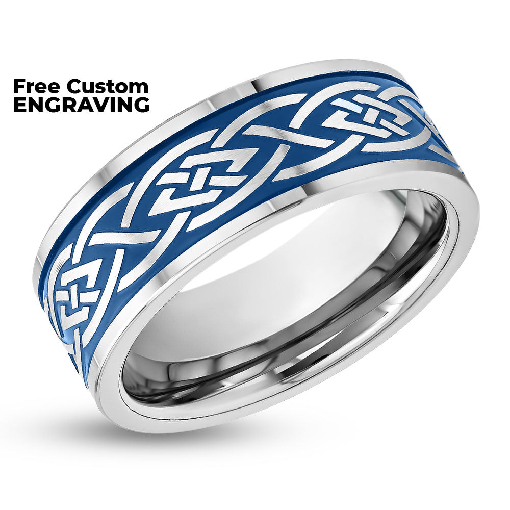 Tribal Design Wedding Ring - Men's Wedding Band - Women's Wedding Ring - Tungsten Carbide Ring - Blue Ring