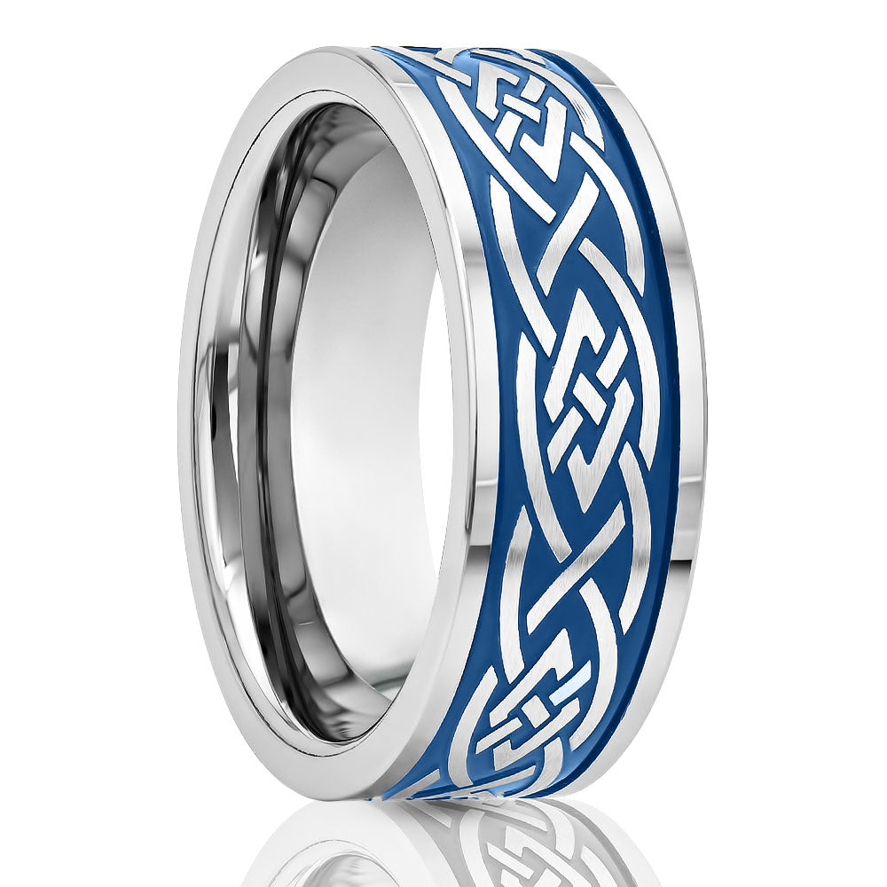 Tribal Design Wedding Ring - Men's Wedding Band - Women's Wedding Ring - Tungsten Carbide Ring - Blue Ring