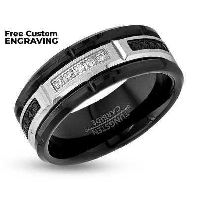 White Diamond Wedding Ring - Black Tungsten Ring - Black Diamond Wedding Band - Men's Wedding Band