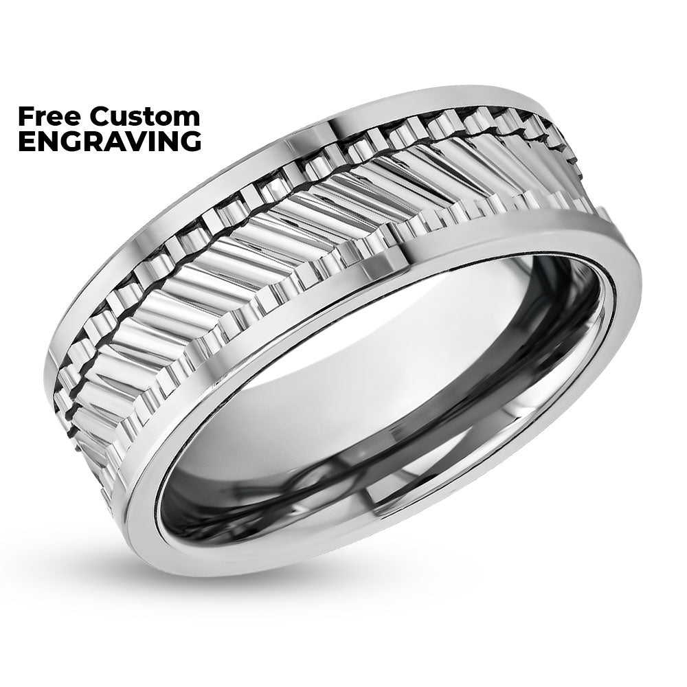 Tire Design Wedding Band - Silver Tungsten Ring - Men's Wedding Band - Women's Wedding Ring